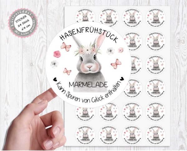 24 zuckersüßer Sticker Aufkleber 4cm Hasenfrühstück Marmelade kann Spuren von Glück enthalten von Lüttentüddel®